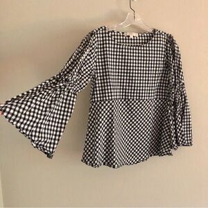 LOFT Petite Black and White Trumpet Sleeve Cold Shoulder Gingham Blouse